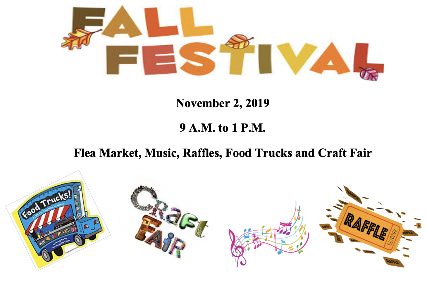 image of fall festival, food truck, craft fair, music and raffle