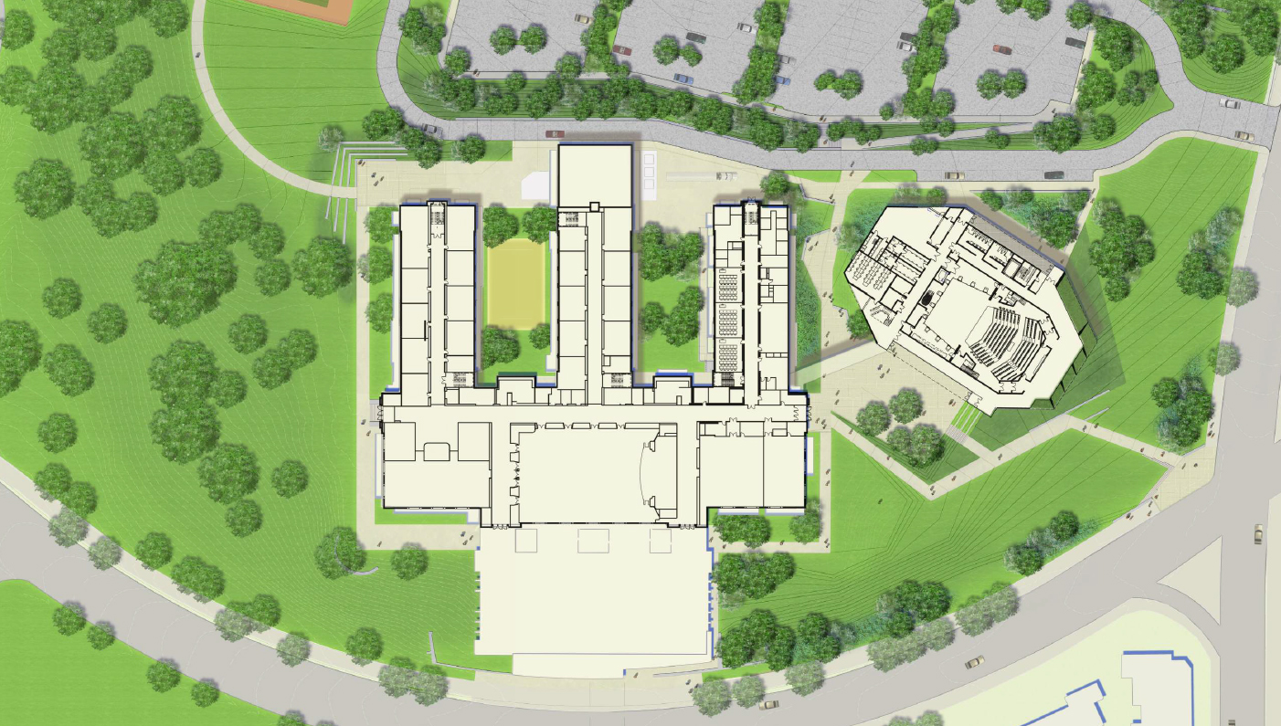 Overhead map of campus with Performing Arts center