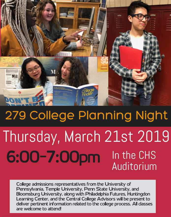 Poster promoting 279 College Planning Night with same information as text on this page
