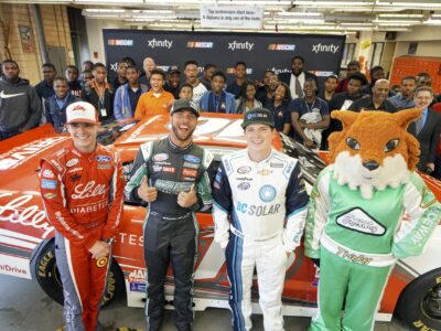 NASCAR Xfinity Cup drivers Bubba Wallace, Brennan Poole and Ryan Reed visit the School District of Philadelphia’s A. Phillip Randolph Technical High School, Tuesday May 17, 2016, in Philadelphia.  (Comcast Photo/ Joseph Kaczmarek)