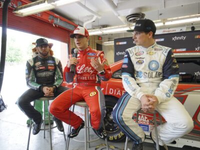 NASCAR Xfinity Cup drivers Bubba Wallace, Brennan Poole and Ryan Reed visit the School District of Philadelphia’s A. Phillip Randolph Technical High School, Tuesday May 17, 2016, in Philadelphia.  (Comcast Photo/ Joseph Kaczmarek)