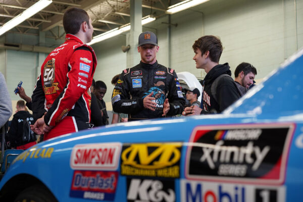 NASCAR Xfinity Series drivers Joey Gase, Brandon Brown, Kaz Grala, and Chad Finchum visit students enrolled in the automotive technology program at Swenson Arts and Technology High School in Northeast Philadelphia, Tuesday May 15, 2018, as part of the day long NASCAR Xfinity Series Philadelphia Takeover. Comcast Photo/ Joseph Kaczmarek