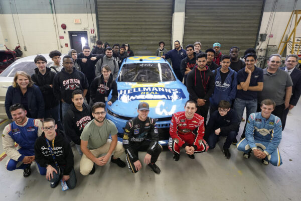 NASCAR Xfinity Series drivers Joey Gase, Brandon Brown, Kaz Grala, and Chad Finchum visit students enrolled in the automotive technology program at Swenson Arts and Technology High School in Northeast Philadelphia, Tuesday May 15, 2018, as part of the day long NASCAR Xfinity Series Philadelphia Takeover. Comcast Photo/ Joseph Kaczmarek