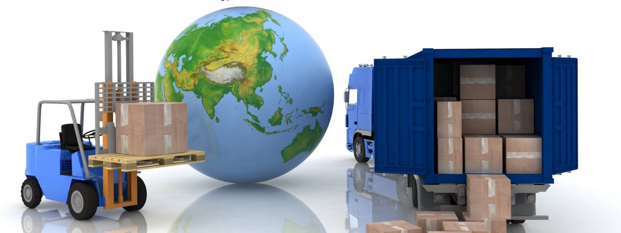 Logistics Banner a world globe, airplane, forklift, and open freight truck with packages