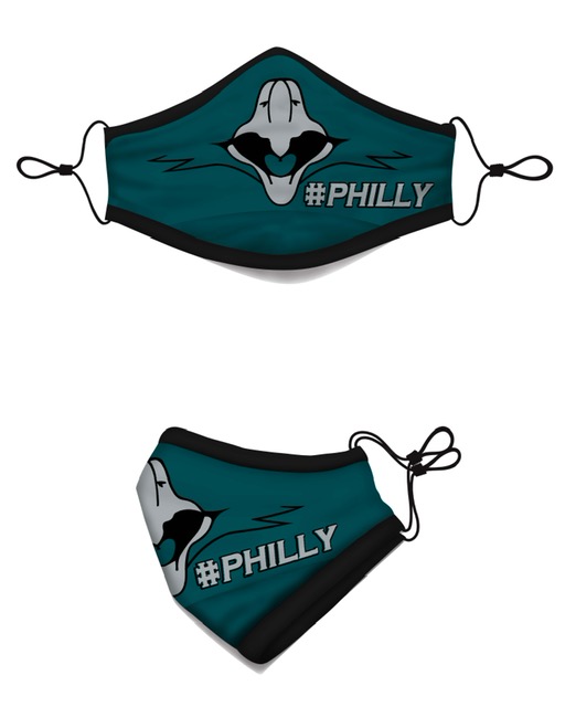 a front and side view of a green face mask that was designed to have an eagle beak at the front and #philly next to it