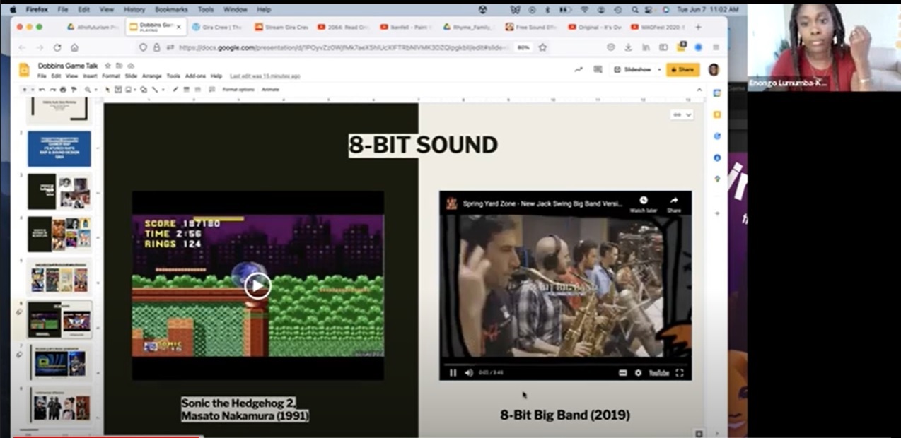 a screenshot of one of Professor Enongo's presentation on game audio design. The slide is titled 8-bit sound and contains an image from an older video game