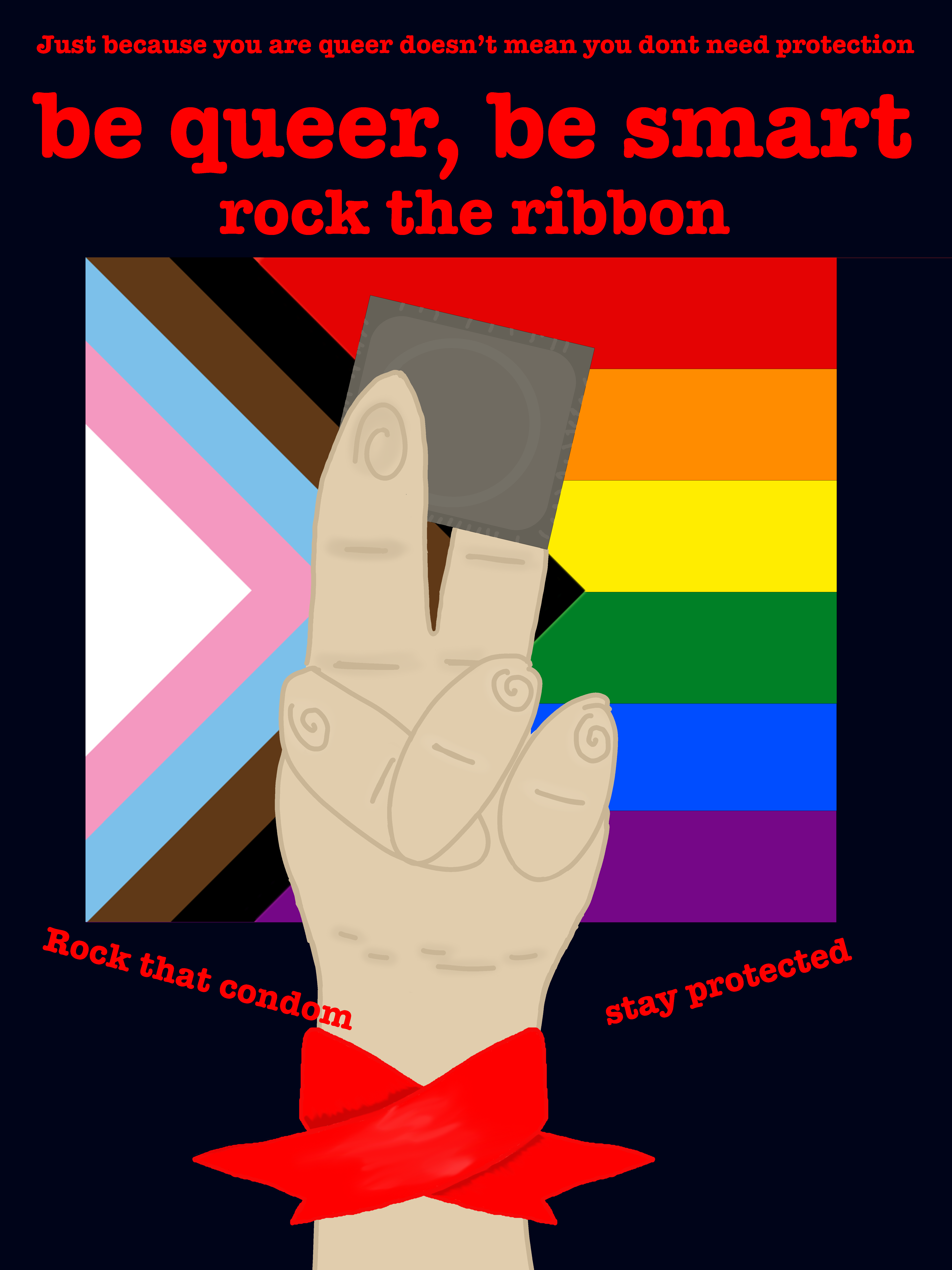 an illustrated hand holding a condom in front of an LGBTQ pride flag. The text reads: be queer, be smart, rock the ribbon