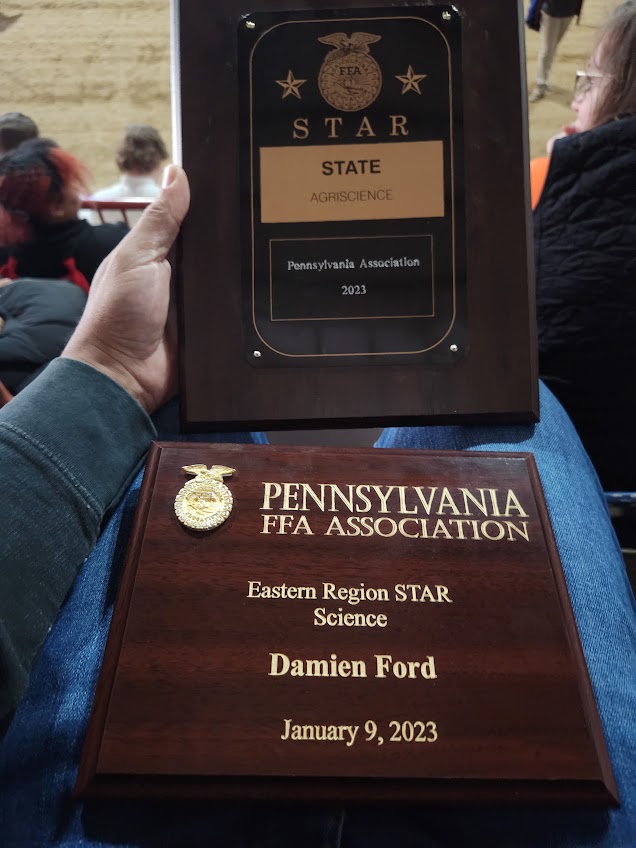 award plaque for Pennsylvania FFA Association, for Damien Ford