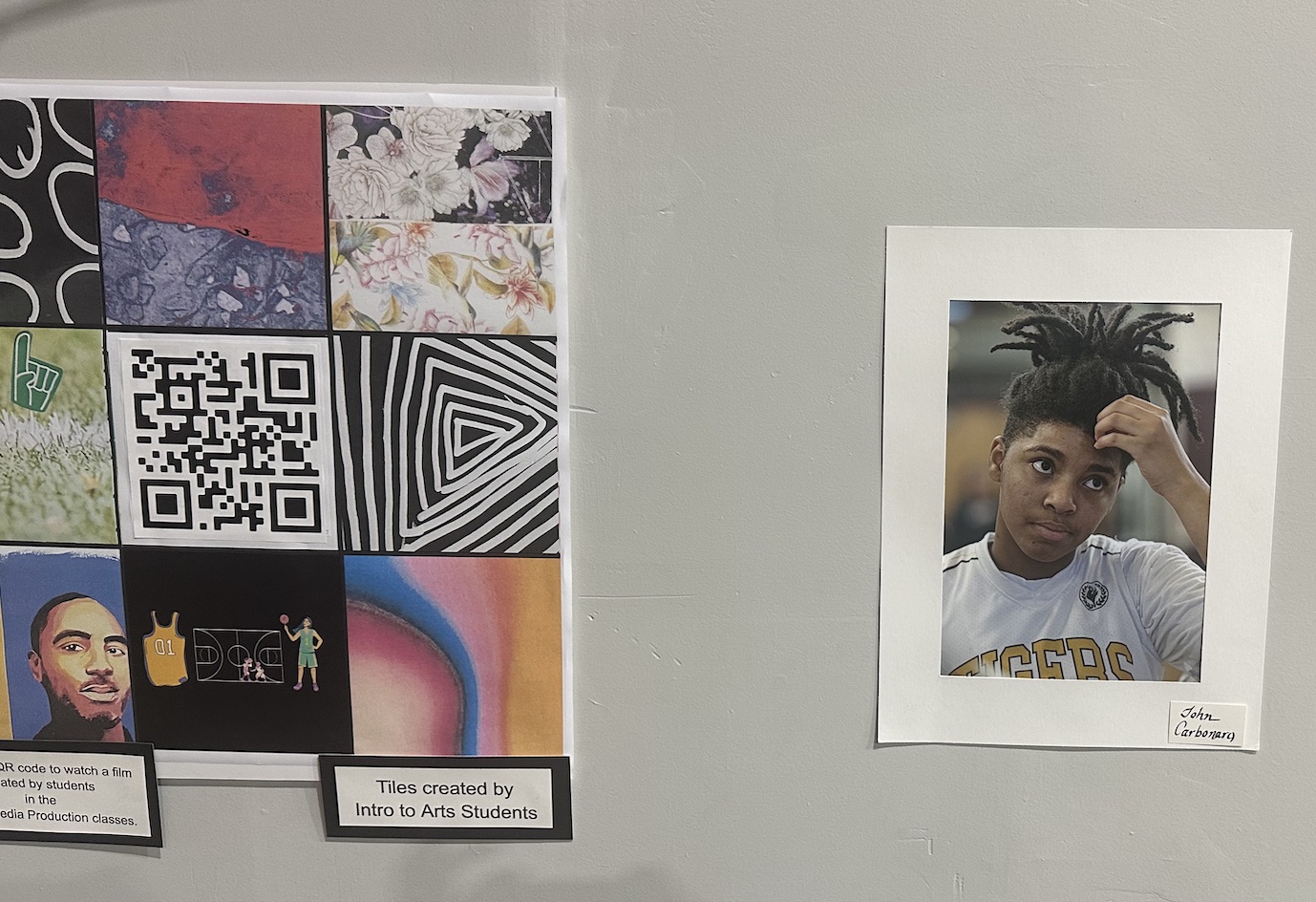Artworks by two KCAPA students. On the left, is an piece of various artstyles laid in a 3 x 3 grid, like a tile. In the middle tile, is a QR code that links to a video. On the right is a photograph of a young black individual by a different student.
