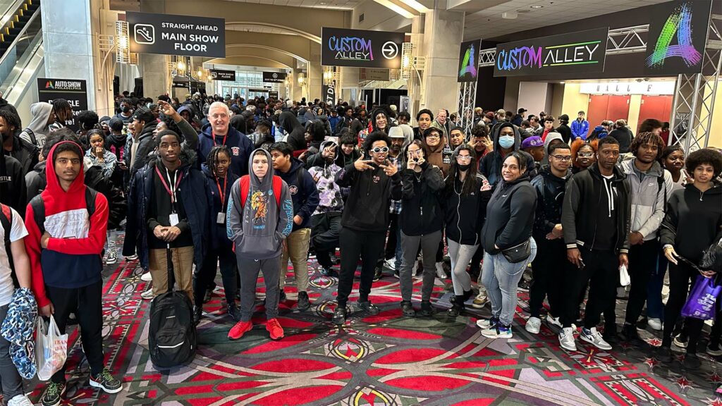 Auto students grouped in a hallway at the Pennsylvania Convention Center