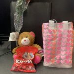 a brown teddy bear, a small bag of Hershey Valentine's Kisses, and a faux Rose, next to matching Valentine's Day gift bag.