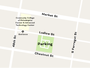 Image of parking map. Parking is on the 4700 block of Ludlow St and is accessible from Ludlow St.
