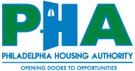 The letter P in green, the letter H in blue, with one part of it looking like a door and the letter a in green. The words "Philadelphia Housing Authority: Opening Doors to Opportunities" is written in blue text underneath.