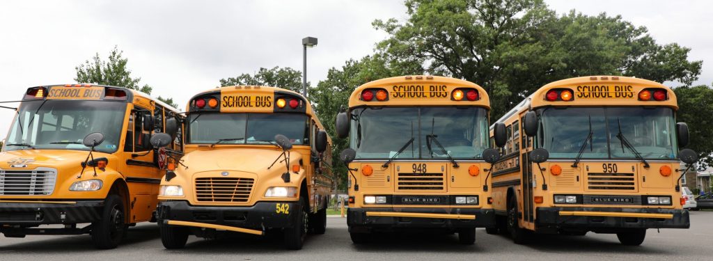 Four yellow bird school buses