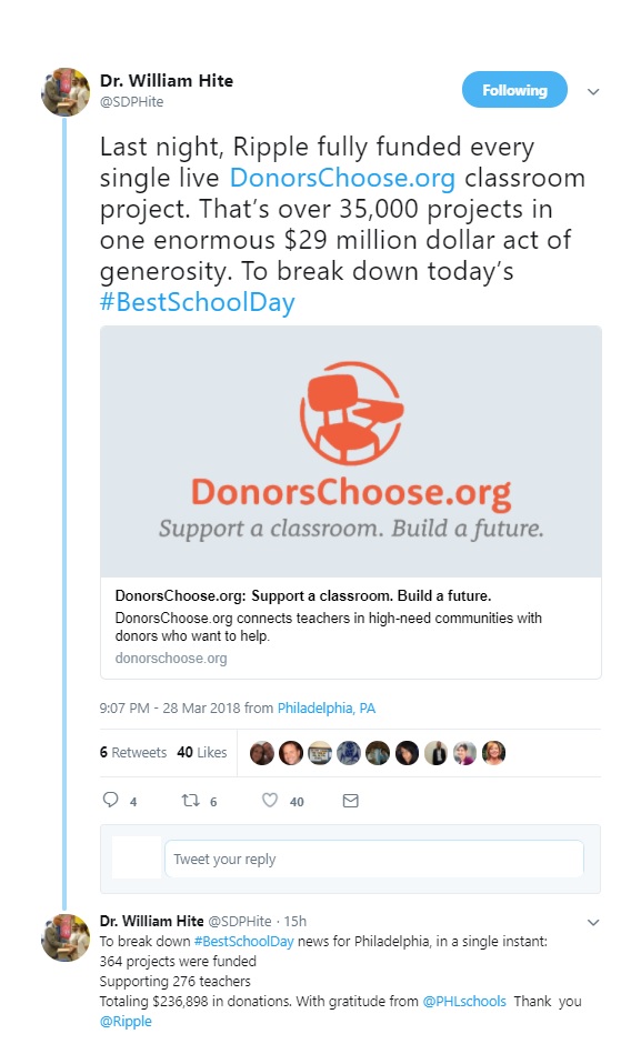 Dr. Hite Tweet about Donors Choose 