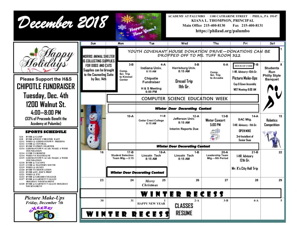 December 2018 Calendar Academy At Palumbo