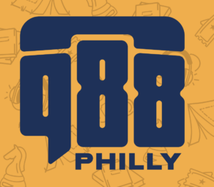 Logo for 988 Philly, a mental health and crisis support initiative, featuring bold navy text on a gold background.