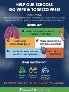 A flyer from the School District of Philadelphia promoting Policy 222, which prohibits vaping and tobacco use in and around schools. It lists five harmful effects of vaping, including damage to lungs and brain, dangerous chemicals, addiction, and increased health risks. It encourages students to talk to peers, report vaping, and speak with trusted adults.
