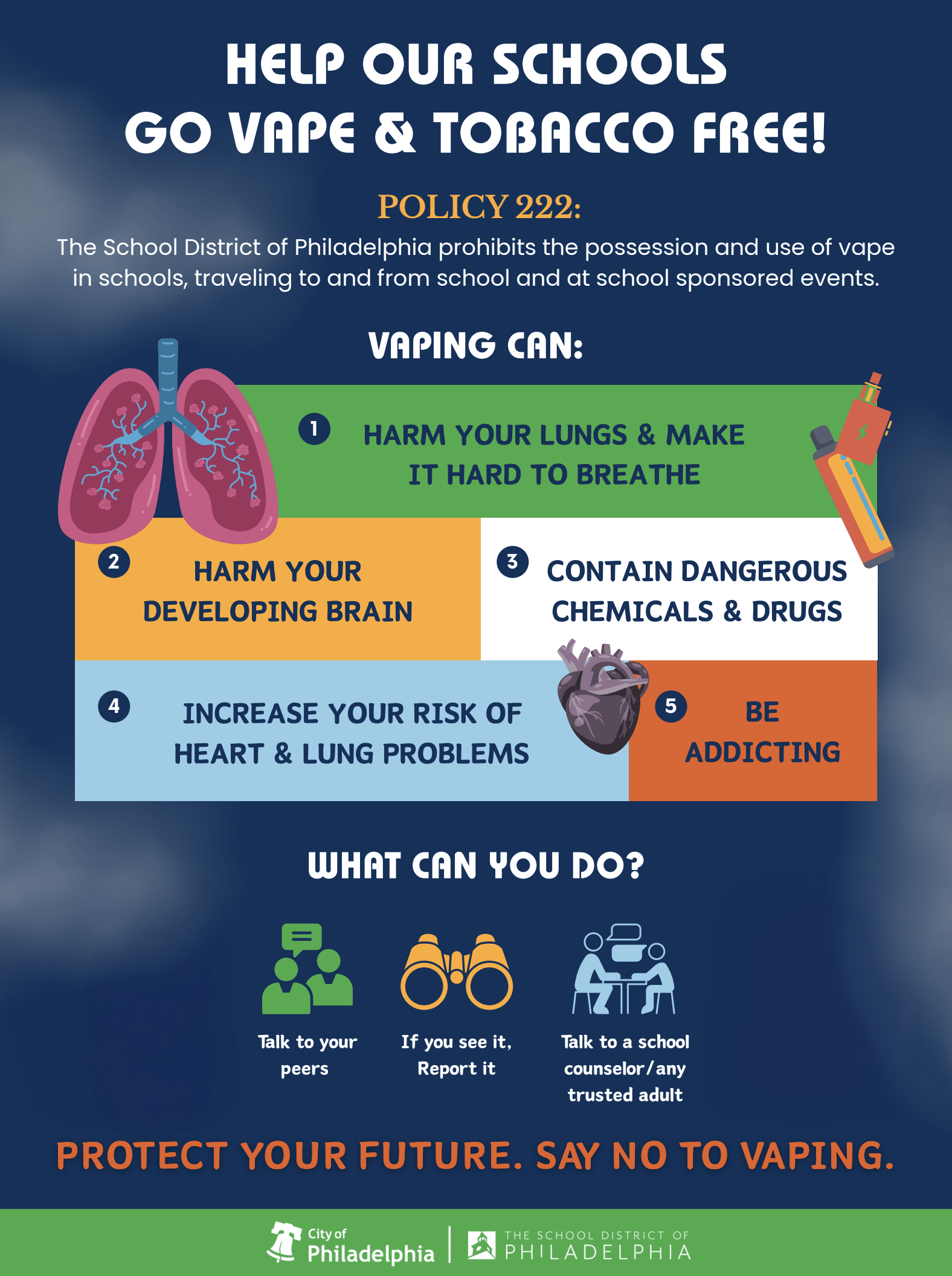 A flyer from the School District of Philadelphia promoting Policy 222, which prohibits vaping and tobacco use in and around schools. It lists five harmful effects of vaping, including damage to lungs and brain, dangerous chemicals, addiction, and increased health risks. It encourages students to talk to peers, report vaping, and speak with trusted adults.