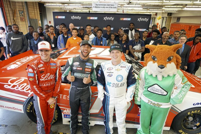 NASCAR Xfinity Cup drivers Bubba Wallace, Brennan Poole and Ryan Reed visit the School District of Philadelphia’s A. Phillip Randolph Technical High School, Tuesday May 17, 2016, in Philadelphia. (Comcast Photo/ Joseph Kaczmarek)