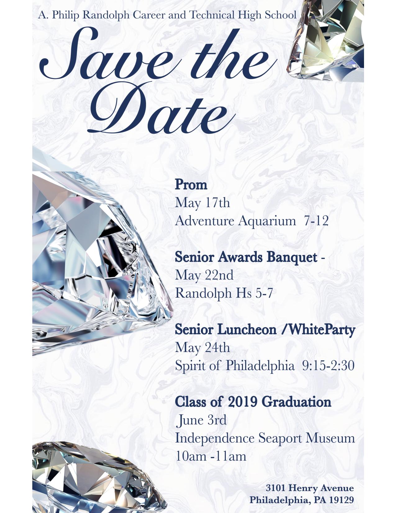 Upcoming dates including Prom (5/17 @ Adventure Aquarium, Camden, NJ from 7-12), Senior Awards Banquet (5/22 @ Randolph H.S. from 5-7)