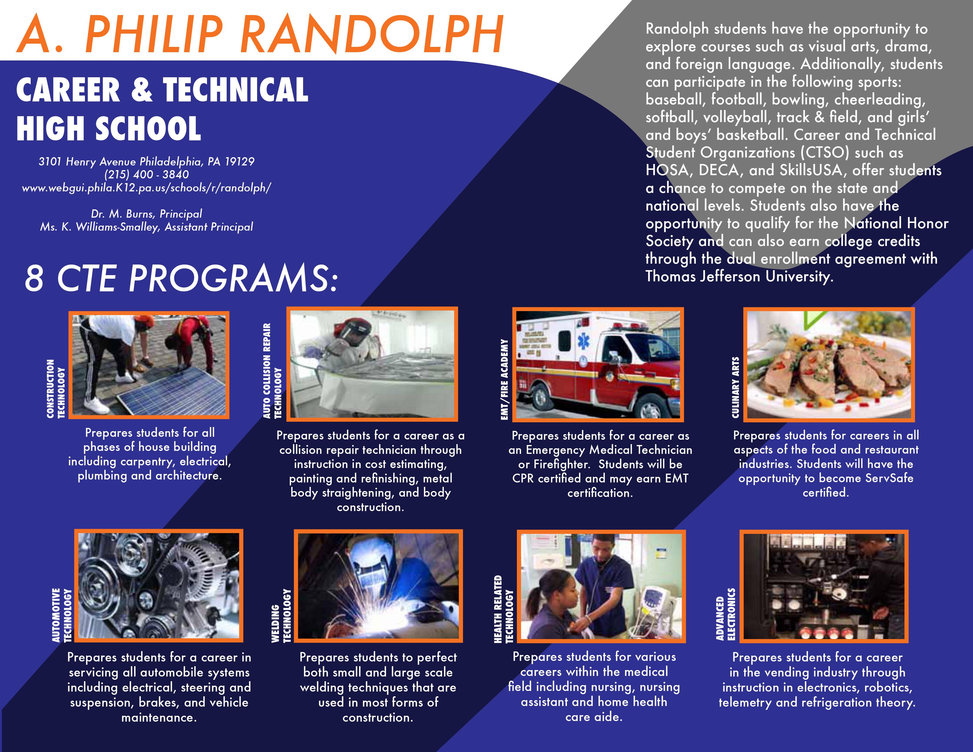 A dark blue brochure that showcases A Philip Randolph's programs with images of students working in Welding, Culinary, Fire Academy, Construction, Auto Body, Automotive,