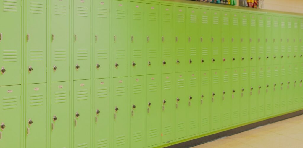 A row of double decker lime green lockers