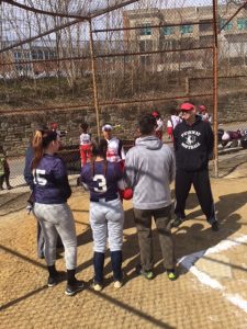Academies @ Roxborough Girls softball at hoe plate with Parkway Co-Captains