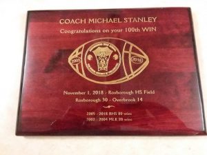 Coach Stan 100th win plaque