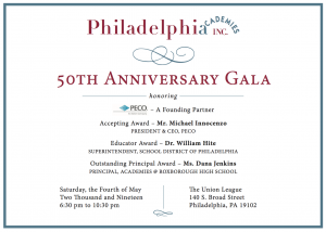 Announcenment for the Philadelphia Academies, Inc. 50th anniversary Gala