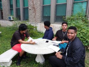 Environmental science students studying biodiversity in the courtyard