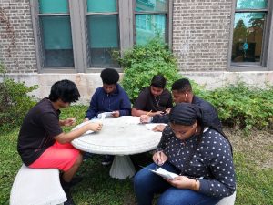 Environmental science students studying biodiversity in the courtyard