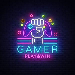 Gamer Play Win logo neon sign Vector logo design template. Game night logo in neon style, gamepad in hand, modern trend design, light banner, bright nightlife advertisement. Vector illustration.