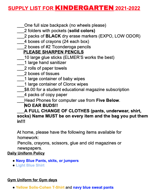 Supply Lists 21 22 School Year Solomon Solis Cohen School