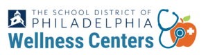 Logo for The School District of Philadelphia Wellness Centers, featuring text and an icon of a stethoscope wrapped around an apple with a medical cross.