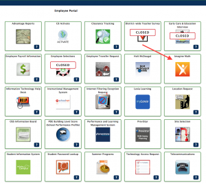Screen Shot of Employee Portal with a red arrow pointing to the box for ImagineMath app