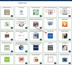 Employee portal screenshot with a red arrow pointing to the box for MyLexia App