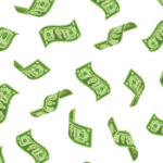 Money rain. Falling dollars denominations, raining cash banknotes or flying dollar banknote. Wealth abundance seamless vector backdrop
