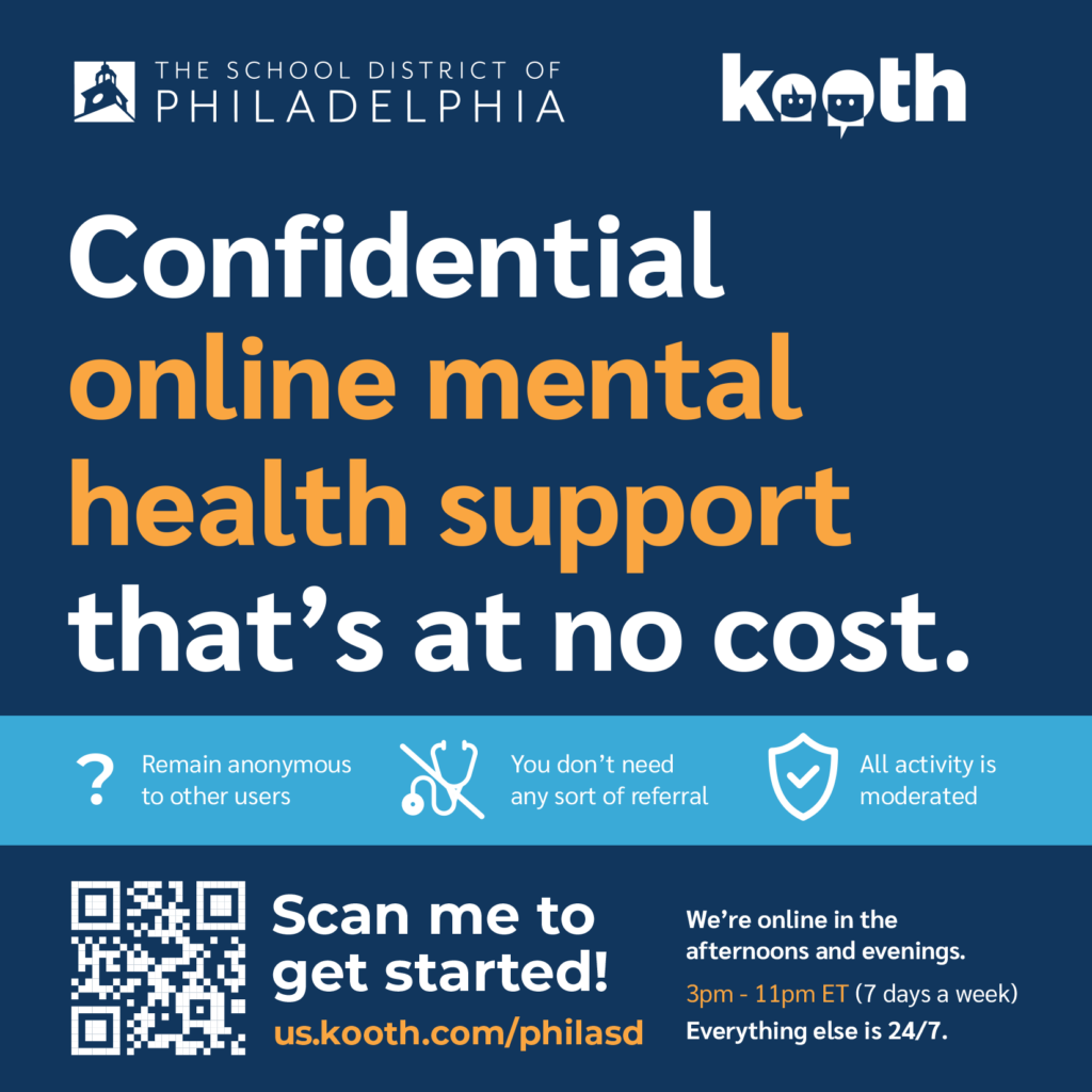 The District is officially launching Kooth – an online mental health and well-being platform designed to provide students with access to personalized, digital mental health and wellbeing resources!

READ MORE