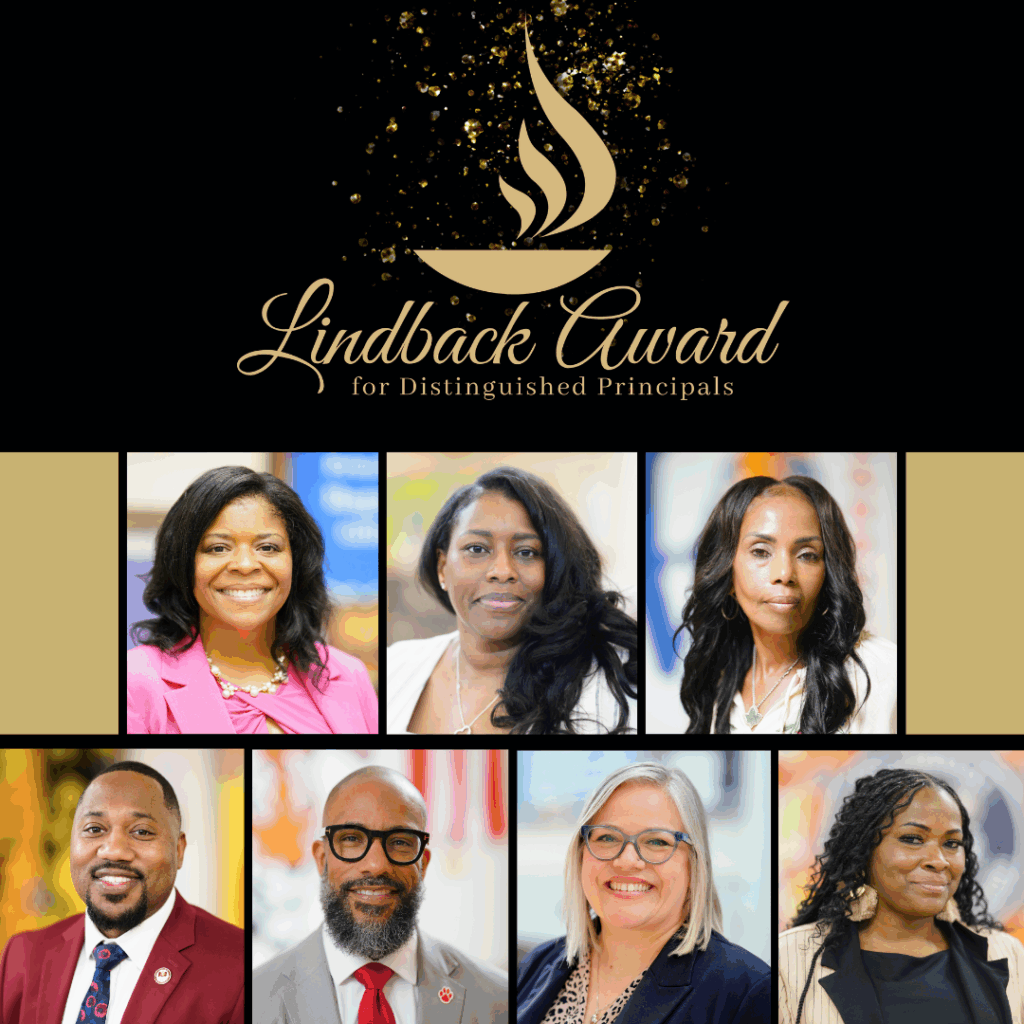 Graphic for the Lindback Award for Distinguished Principals featuring a gold flame logo on a black background with gold accents, above a grid of seven headshots of diverse school principals smiling and facing the camera.