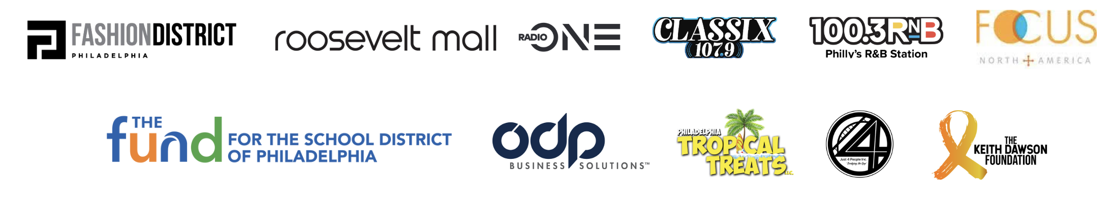 Logos of community partners for the Back to School Bus Tour, including Fashion District Philadelphia, Roosevelt Mall, Radio One, Classix 107.9, 100.3 RNB, Focus North America, The Fund for the School District of Philadelphia, ODP Business Solutions, Philadelphia Tropical Treats, Just 4 People Inc., and The Keith Dawson Foundation.