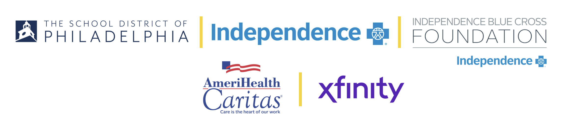 Logos of the lead sponsors powering the Back to School Bus Tour, including The School District of Philadelphia, Independence Blue Cross, Independence Blue Cross Foundation, AmeriHealth Caritas, and Xfinity.