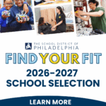 Flyer from the School District of Philadelphia promoting the 2026–2027 School Selection process. It features students engaged in hands-on learning activities like robotics, science, health care, and electrical work. The message reads: “Find Your Fit – 2026–2027 School Selection. Learn more at philasd.org/findyourfit.”