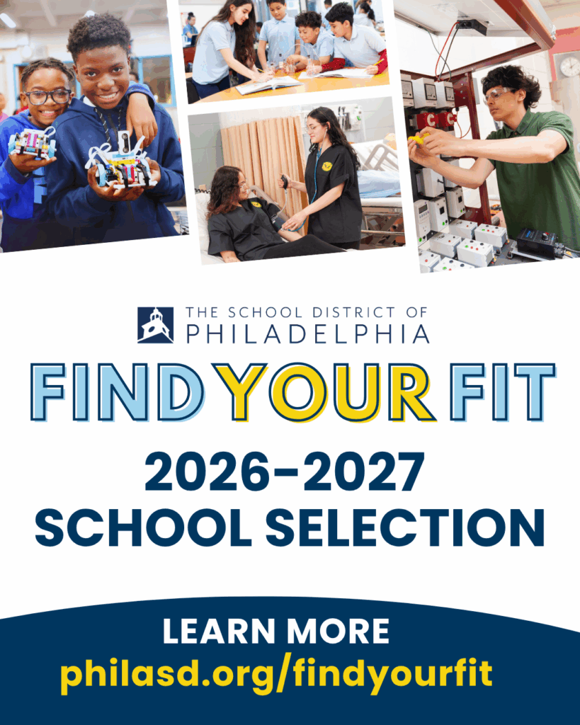Flyer from the School District of Philadelphia promoting the 2026–2027 School Selection process. It features students engaged in hands-on learning activities like robotics, science, health care, and electrical work. The message reads: “Find Your Fit – 2026–2027 School Selection. Learn more at philasd.org/findyourfit.”