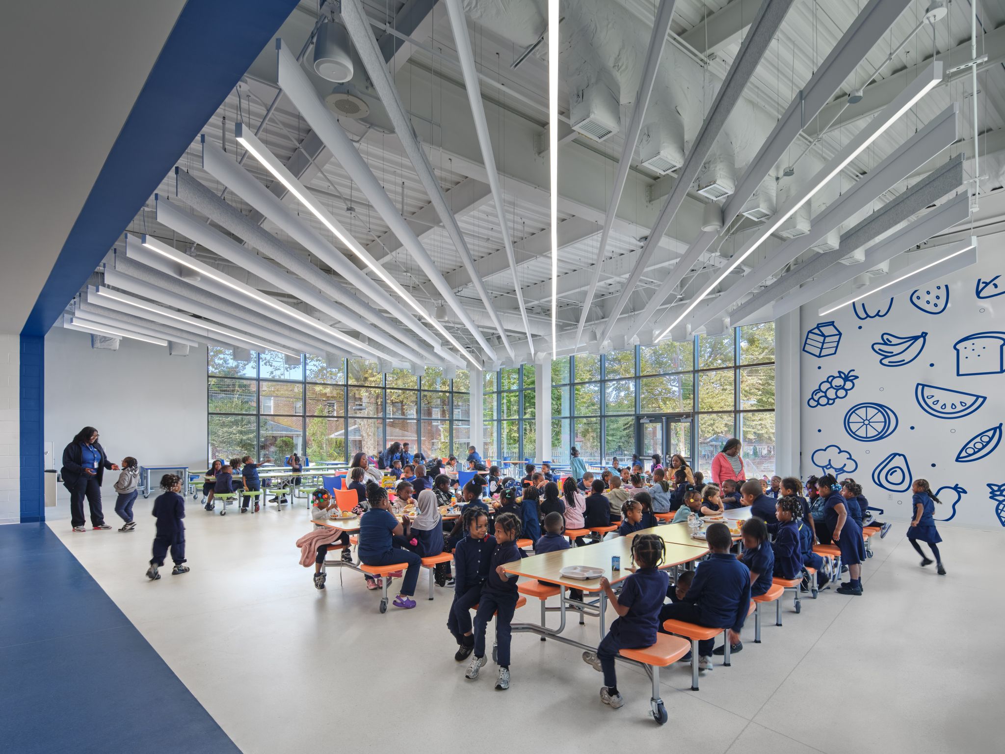 lewis c cassidy school Students sitting at lunch tables in the Cafeteria