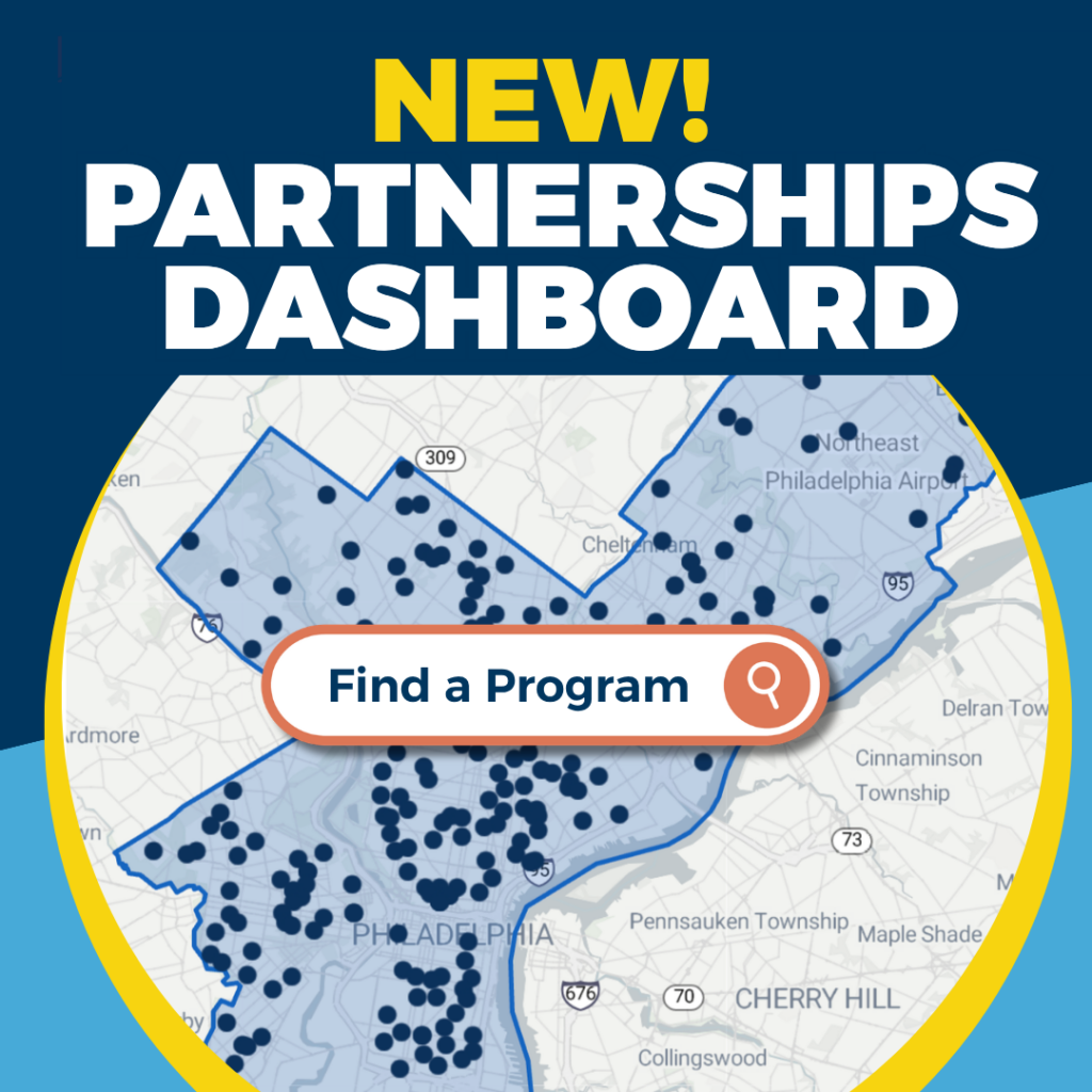 Graphic promoting the School District of Philadelphia's Partnerships Dashboard, featuring a map of partner locations across the city and a search tool to find programs in schools.